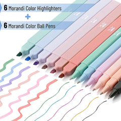 Aesthetic Highlighter & Ballpoint Pen Set (12 Pack) - No-Bleed, Soft Colors, Chisel Tip + Pens for Journaling & Study