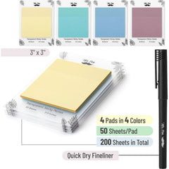 Transparent Sticky Notes 3x3 Inches, 200 Sheets, Morandi Colors, 4 Pads with Quick-Dry Pen