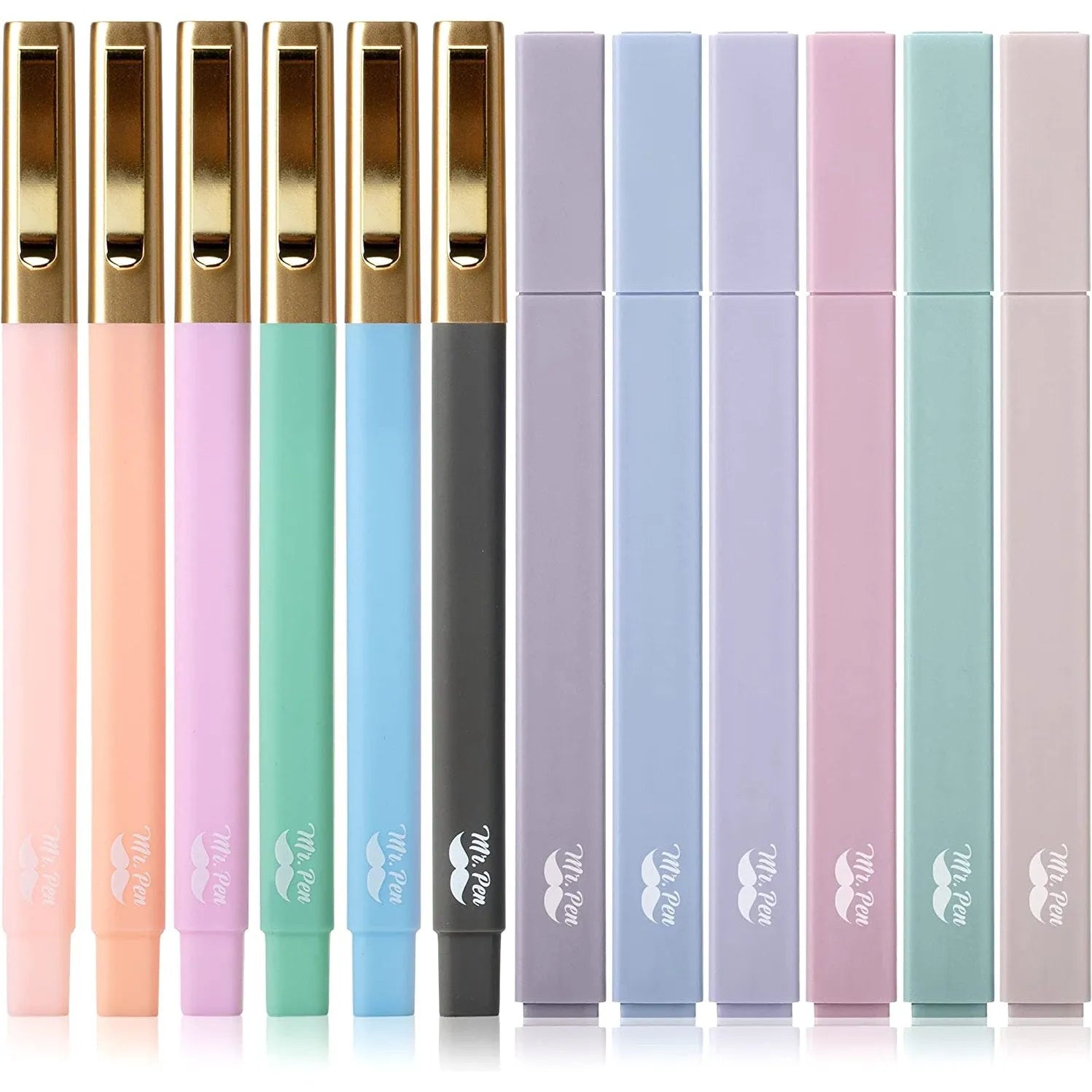 Aesthetic Highlighter & Ballpoint Pen Set (12 Pack) - No-Bleed, Soft Colors, Chisel Tip + Pens for Journaling & Study
