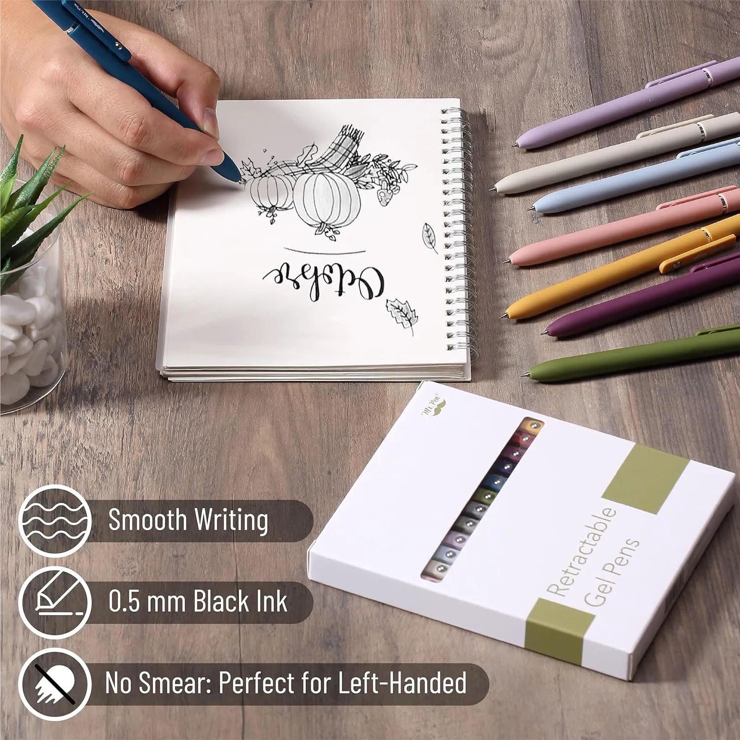 Retractable Gel Pens (6 or 12 Pack) - Morandi & Vintage Barrels, Black Ink, Fine Point 0.5mm, Fast Dry