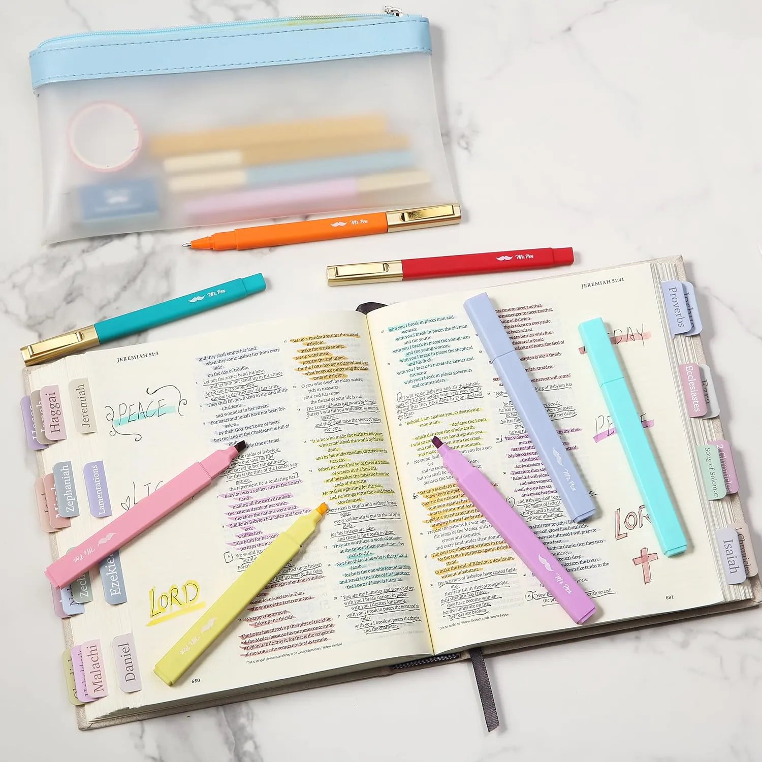 No-Bleed Bible Highlighters & Pens, 12-Pack Assorted Colors, Black Ink Pens for Bible Study