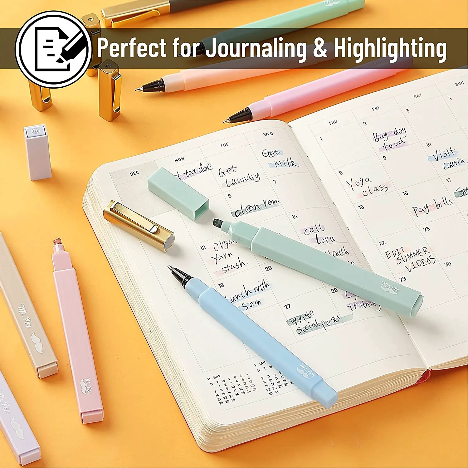 Aesthetic Highlighter & Ballpoint Pen Set (12 Pack) - No-Bleed, Soft Colors, Chisel Tip + Pens for Journaling & Study