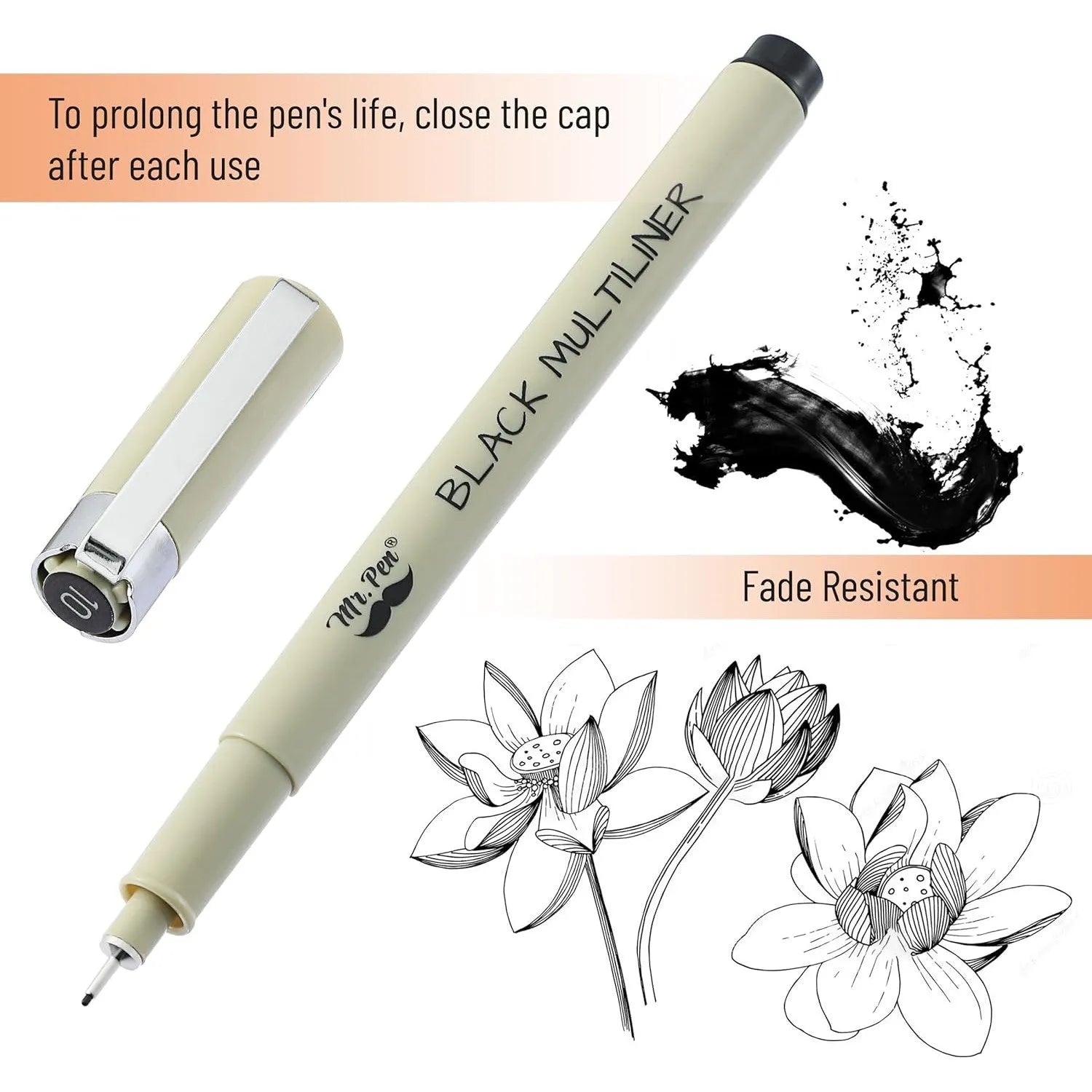 Black Fineliner Drawing Pens (16 Pack) with 0.05–3mm Tips