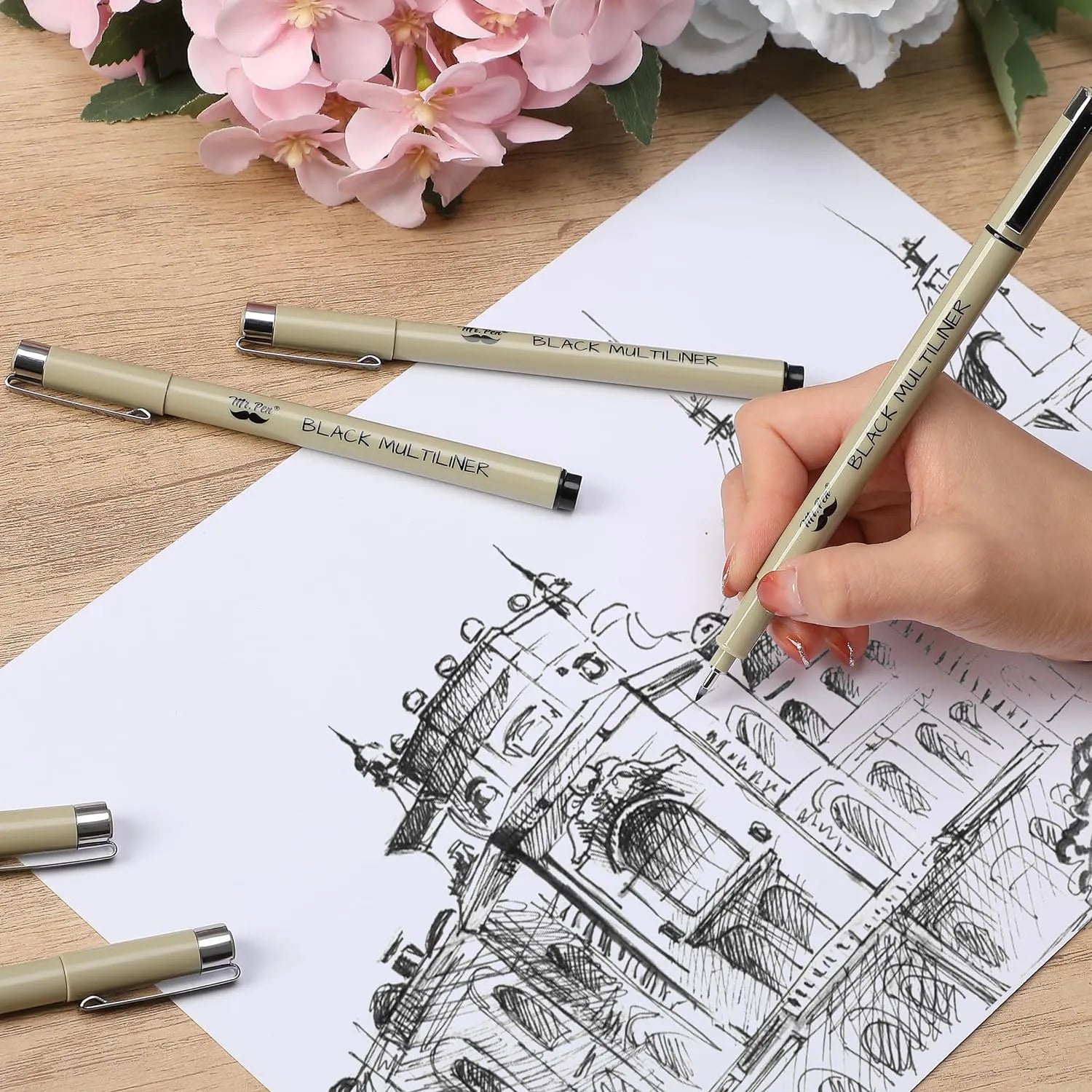 Black Fineliner Drawing Pens (16 Pack) with 0.05–3mm Tips