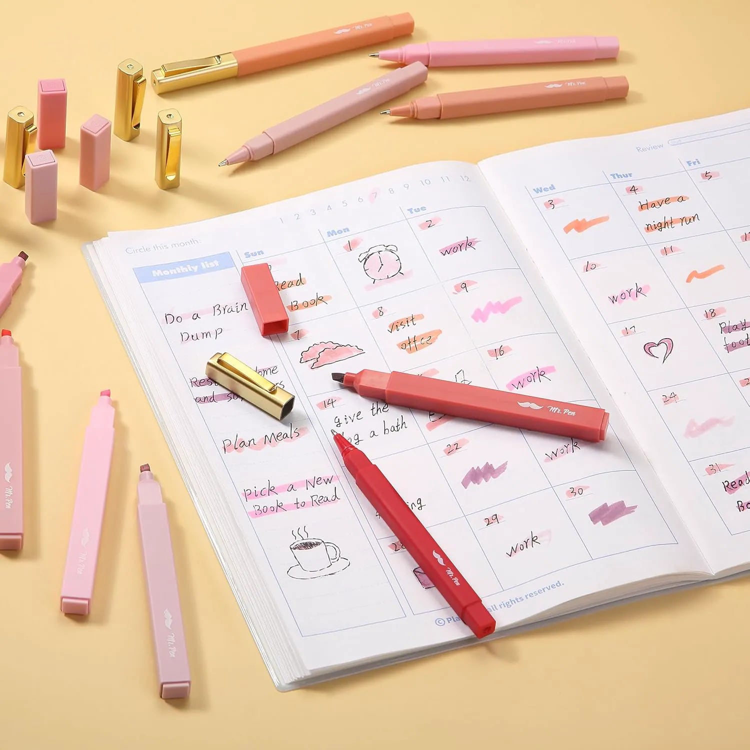 Aesthetic Highlighter & Ballpoint Pen Set (12 Pack) - No-Bleed, Soft Colors, Chisel Tip + Pens for Journaling & Study