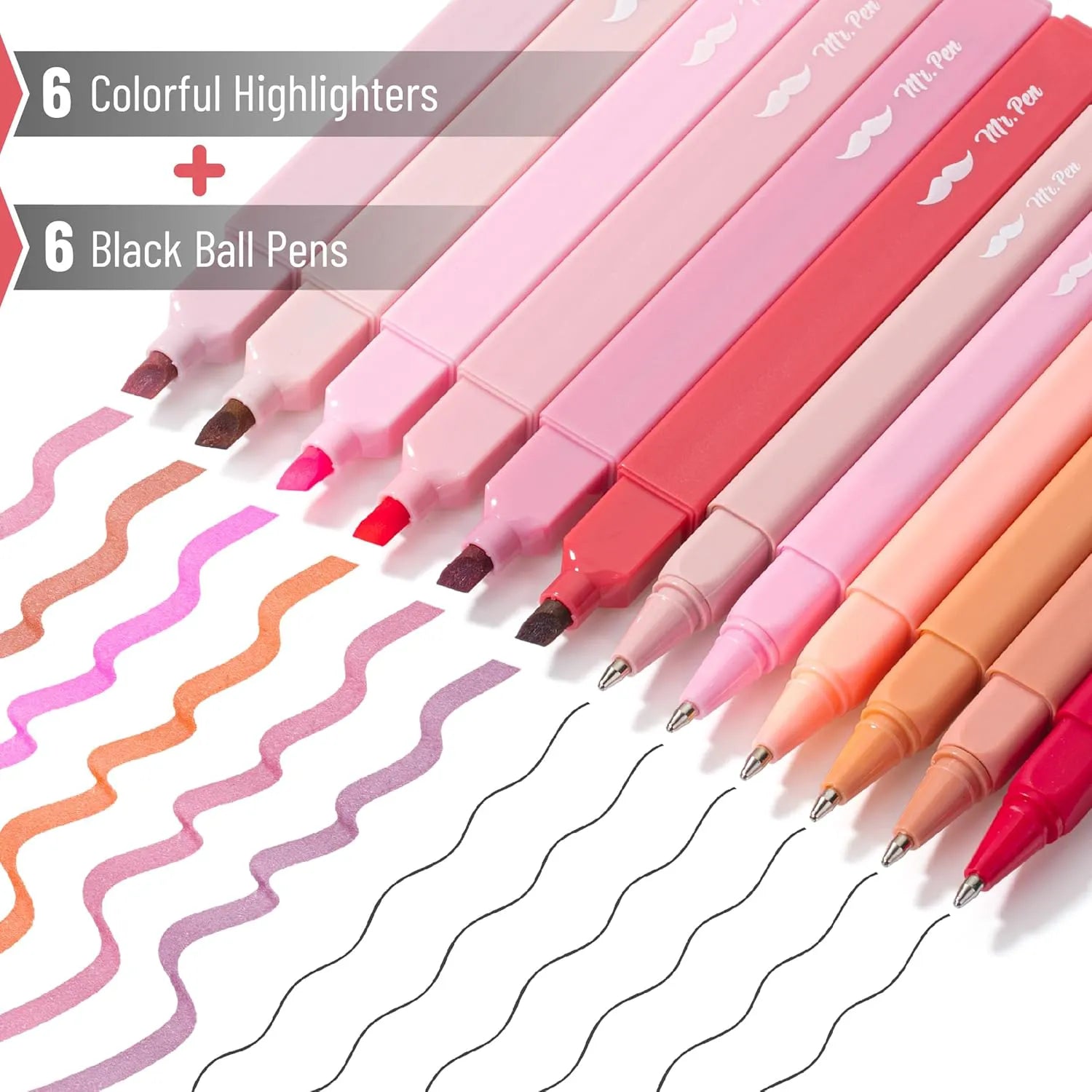 Aesthetic Highlighter & Ballpoint Pen Set (12 Pack) - No-Bleed, Soft Colors, Chisel Tip + Pens for Journaling & Study