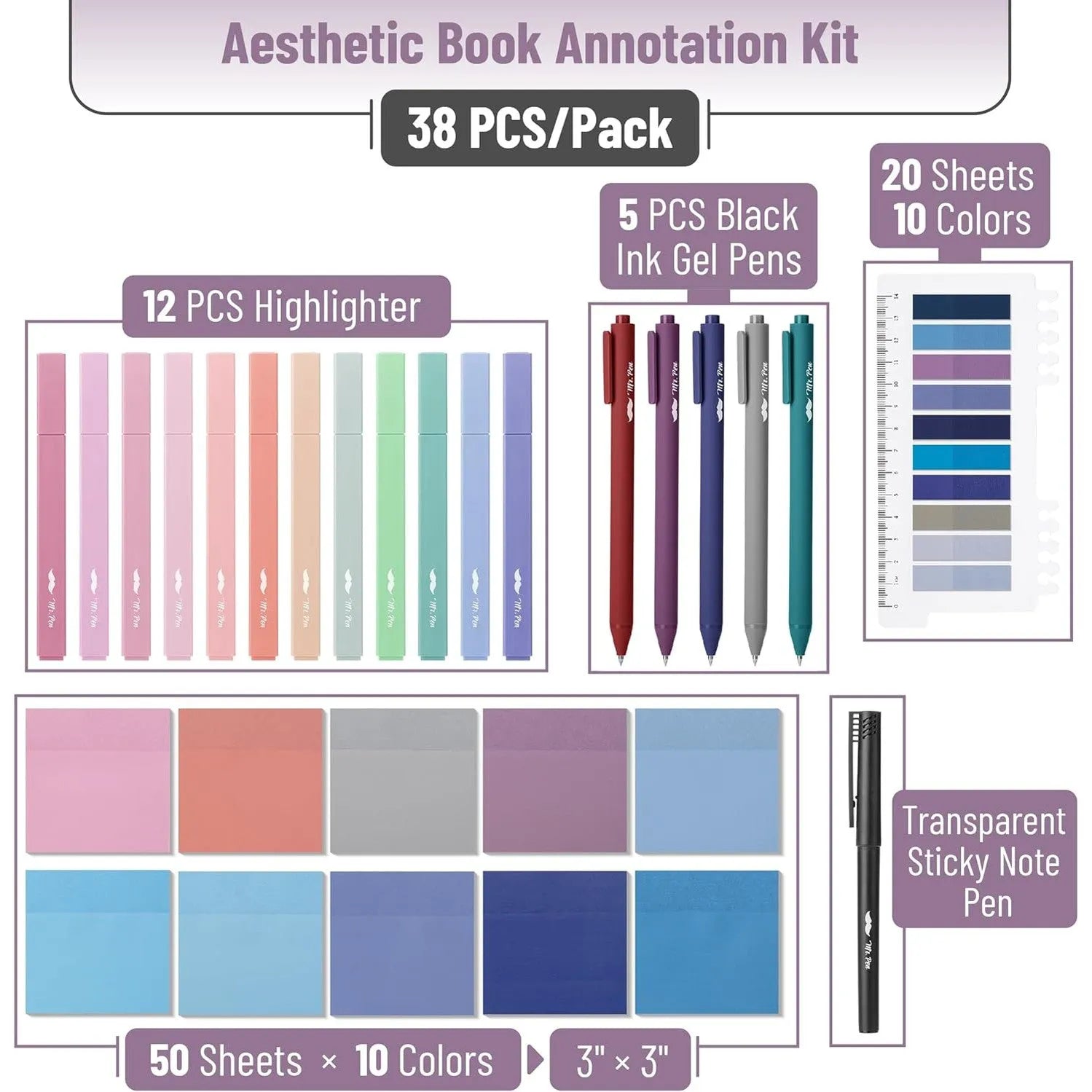 Aesthetic Book Annotation Kit - 38 Pieces with Highlighters, Gel Pens, and Tabs