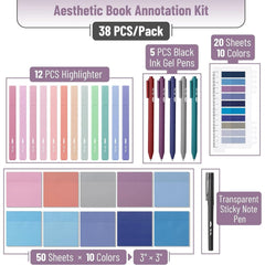 Aesthetic Book Annotation Kit - 38 Pieces with Highlighters, Gel Pens, and Tabs