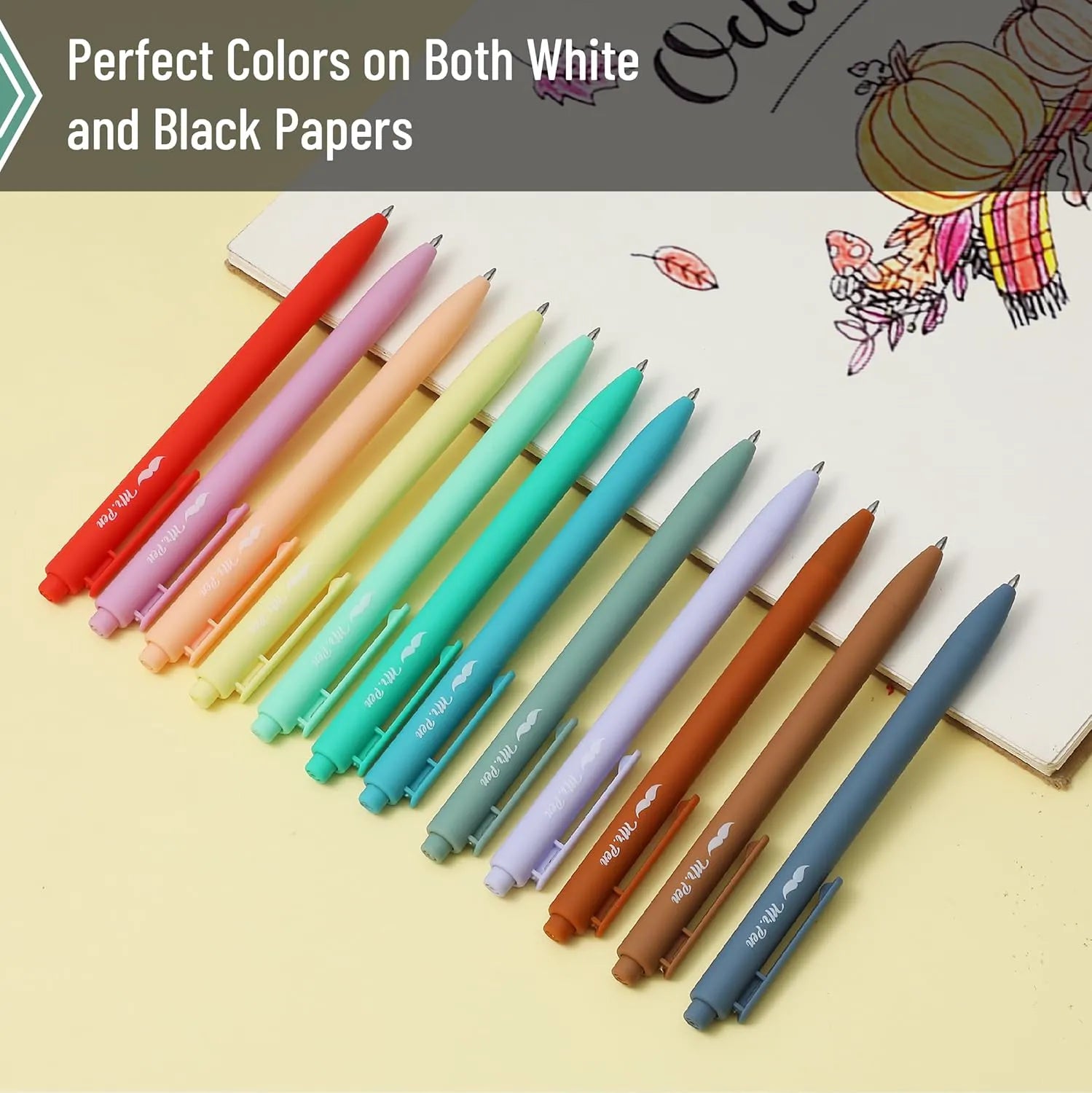 Retractable Gel Pens 12-Pack: Cute Design, Colored Ink, Quick-Dry, Fine Point 0.7mm