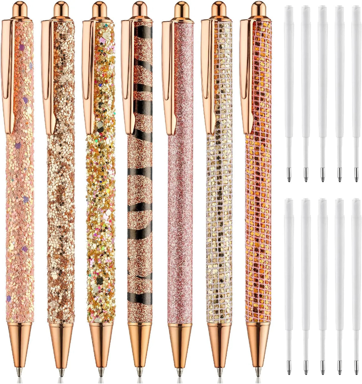 Mr. Pen Fancy Pens for Women - 7 Rose Gold Glitter Ballpoint Pens with 10 Refills, 1.0mm Black Ink, Cute Journaling Pens