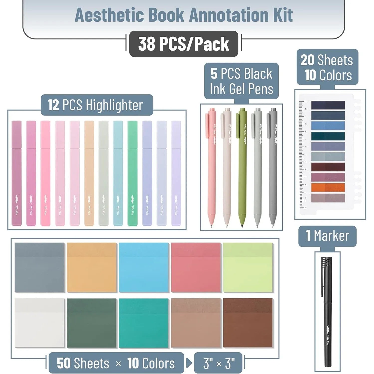 Mr. Pen Aesthetic Book Annotation Kit, 38 Pieces with Highlighters and Gel Pens