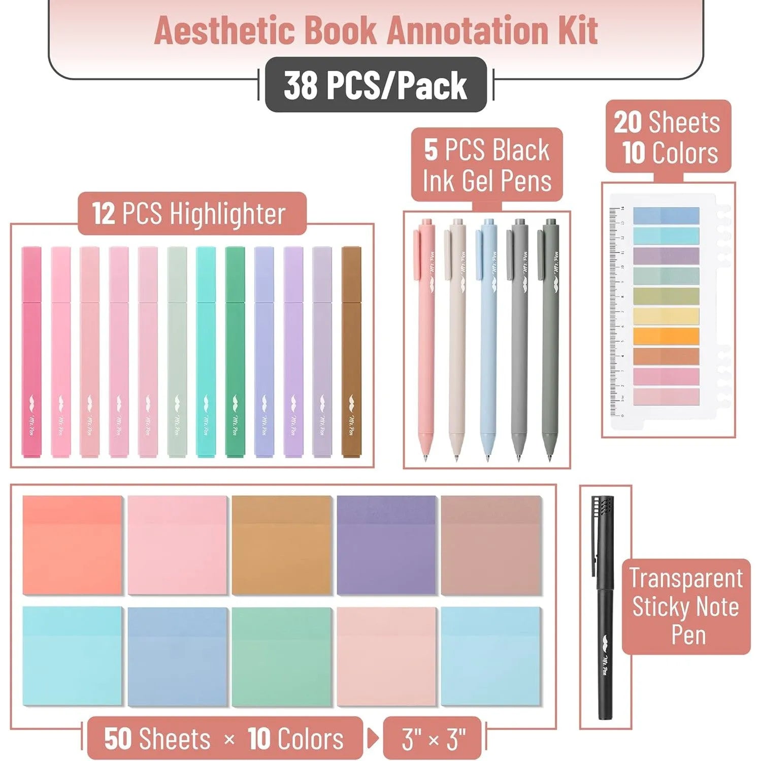 Book Annotation Set - 38 pcs Pastel Highlighters, Gel Pens & Tabs