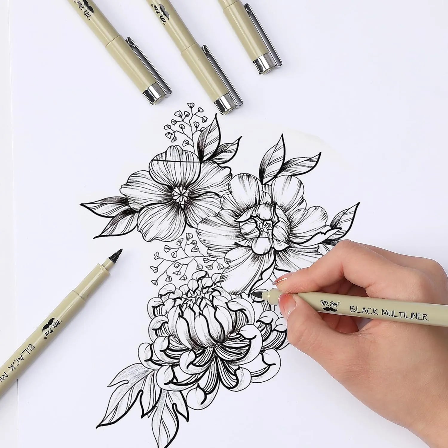 Black Fineliner Drawing Pens (16 Pack) with 0.05–3mm Tips