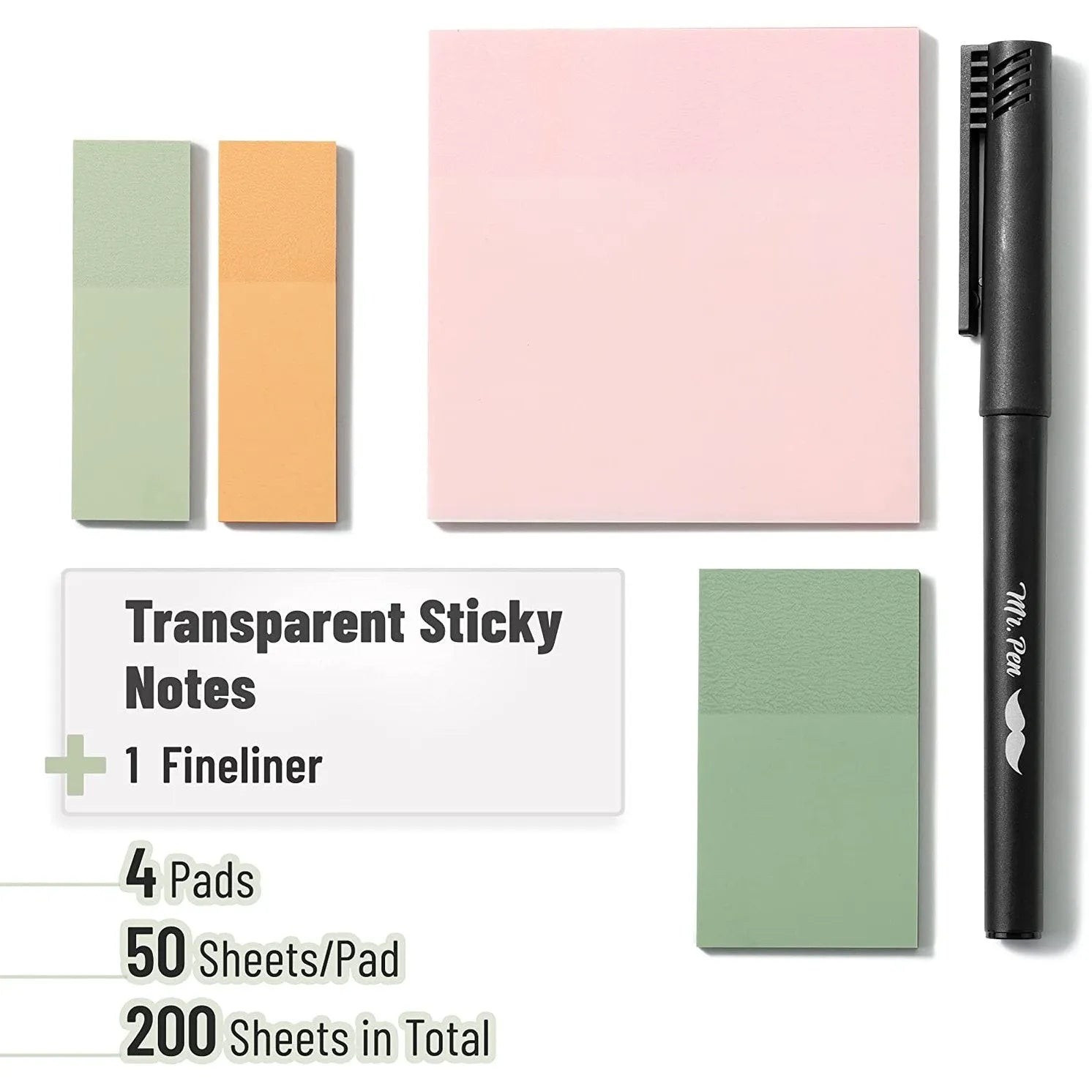 Pastel Transparent Sticky Notes Set (200 Sheets) with Fine-Tip Pen – Ideal for Bible Study, Planner Tabs & Book Annotations