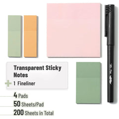 Pastel Transparent Sticky Notes Set (200 Sheets) with Fine-Tip Pen – Ideal for Bible Study, Planner Tabs & Book Annotations
