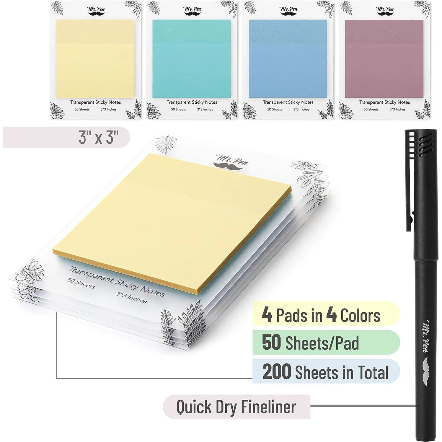 Transparent Sticky Notes 3x3 Inches, 200 Sheets, Morandi Colors, 4 Pads with Quick-Dry Pen
