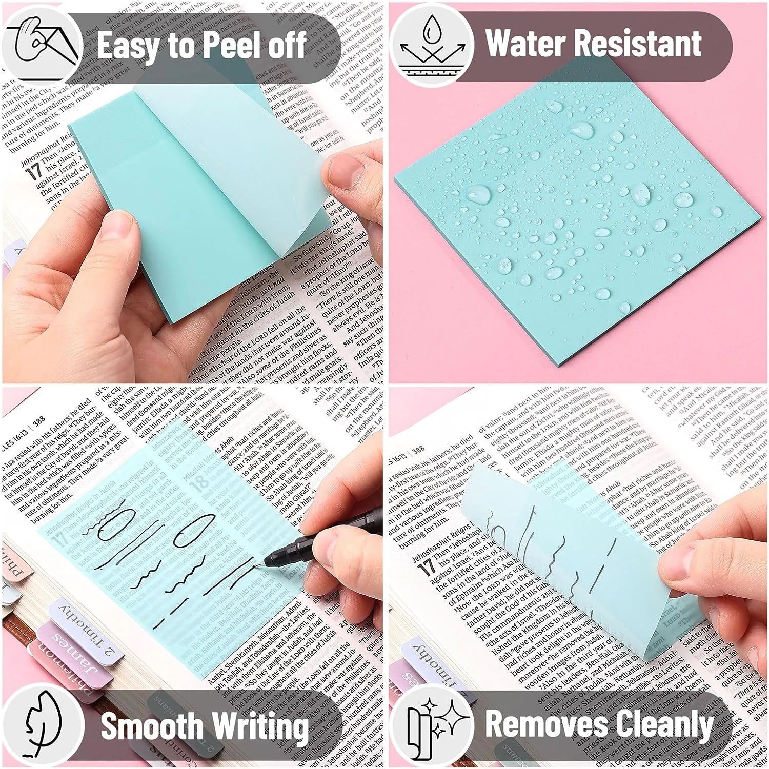 Transparent Sticky Notes 3x3 Inches, 200 Sheets, Morandi Colors, 4 Pads with Quick-Dry Pen